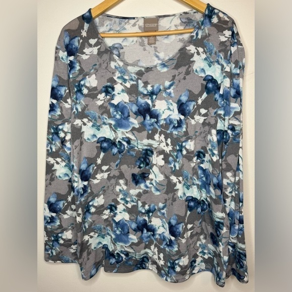 Chico's Women’s Gray Blue Floral Polyester Blend Long Sleeve Knit Blouse Size 3 - Picture 3 of 6